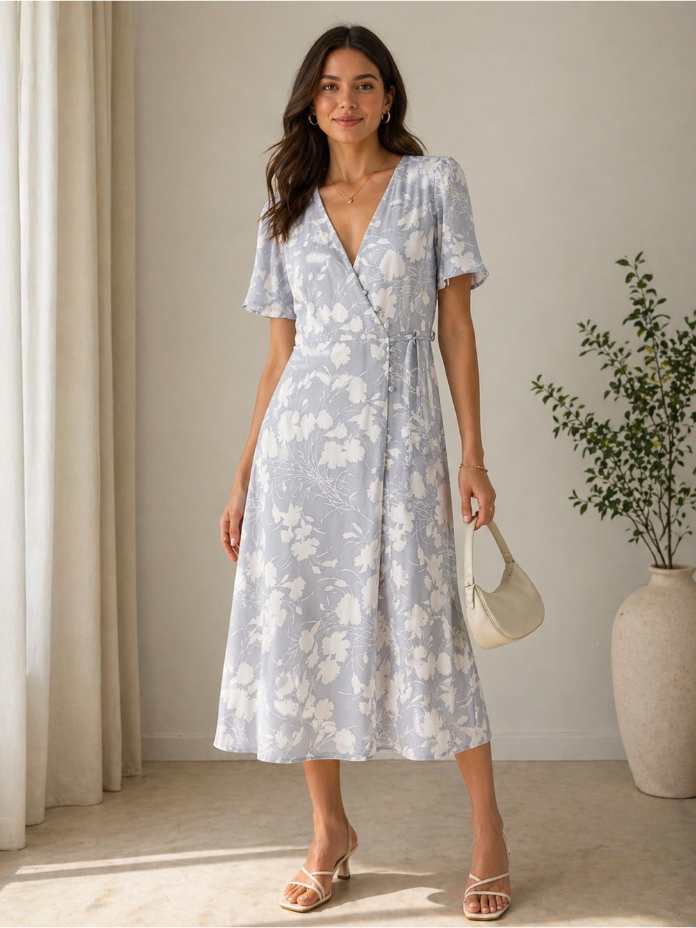 Wilfred Light Blue and White Floral Wrap‎ Midi Dress